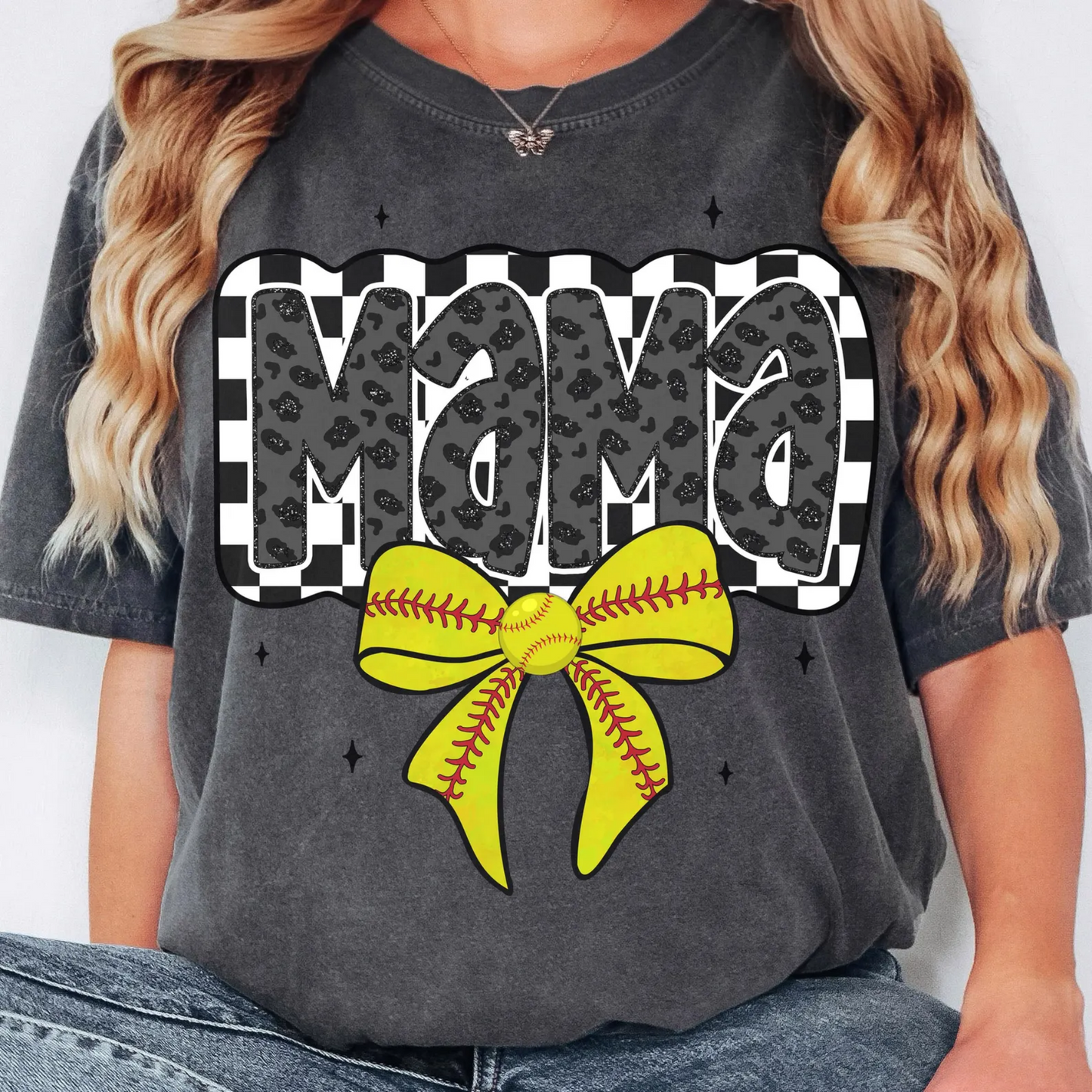 Retro Checker Softball Mama, Softball Coquette Bow Game Day Shirt