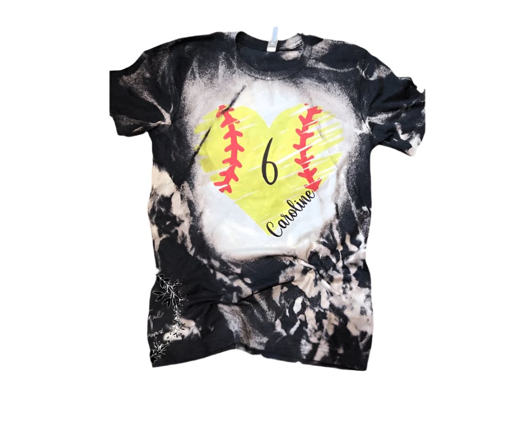 Softball Heart Shirt Bleached ~ Custom Name and Number - Liv's Boutique