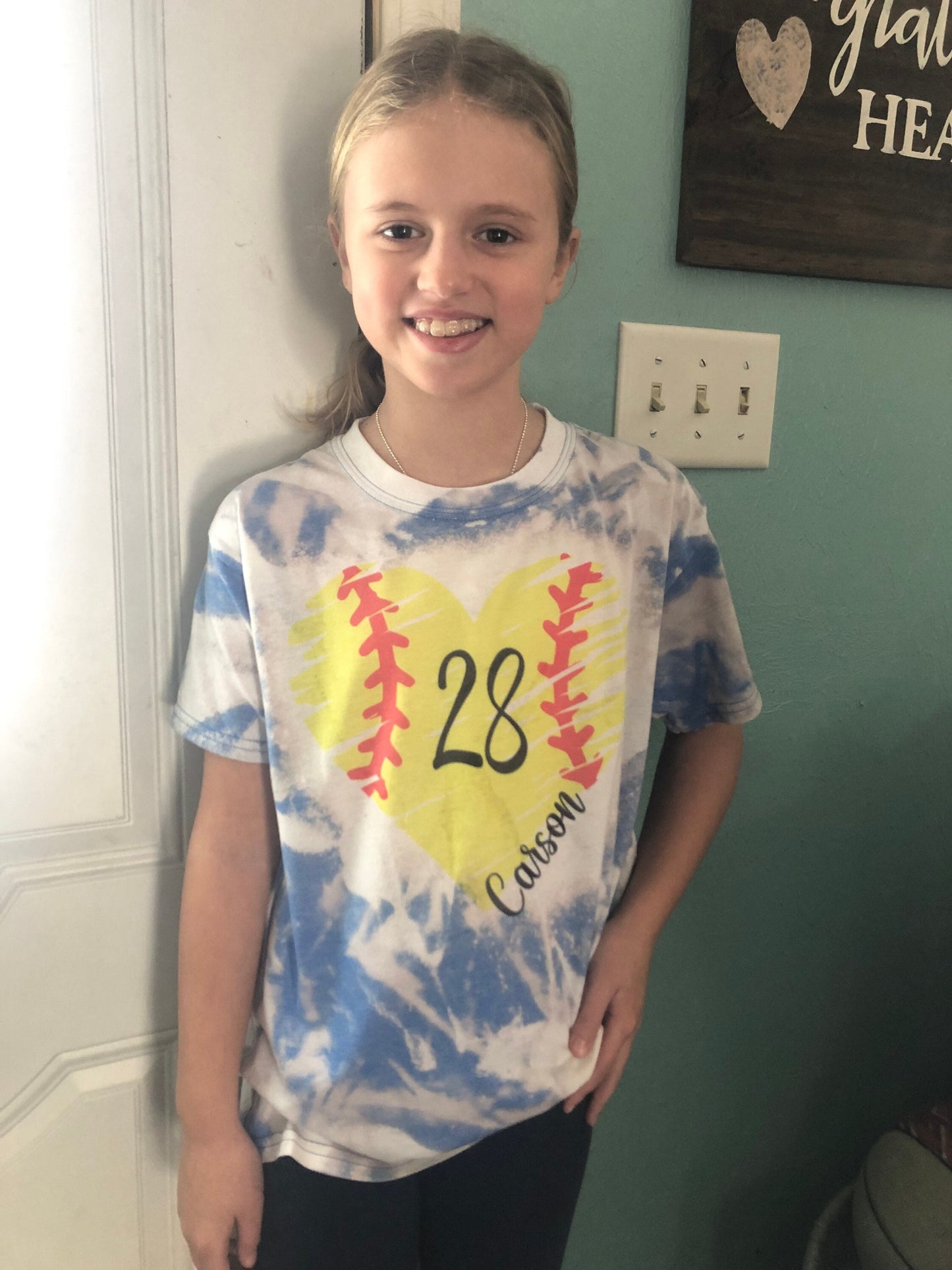 Softball Heart Shirt Bleached ~ Custom Name and Number - Liv's Boutique