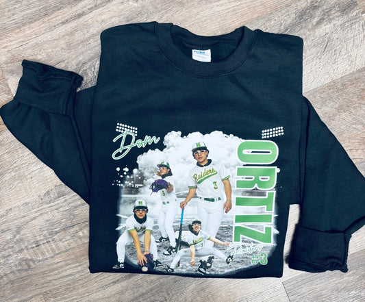 Senior photos baseball mom sweatshirt.  Includes players name, last name, number and school mascot name.  3-4 player images