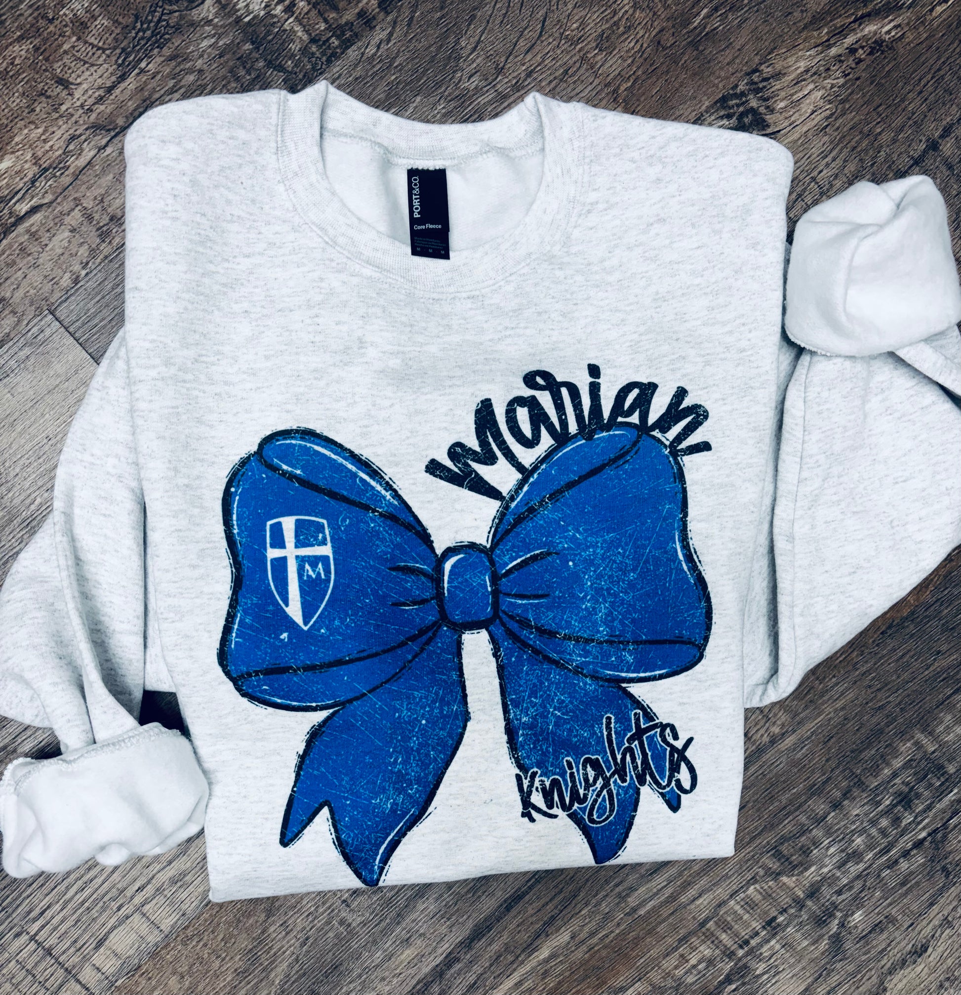 Custom cheer bow crewneck sweatshirt from Liv's Boutique featuring personalized team spirit design and comfortable soft fabric.