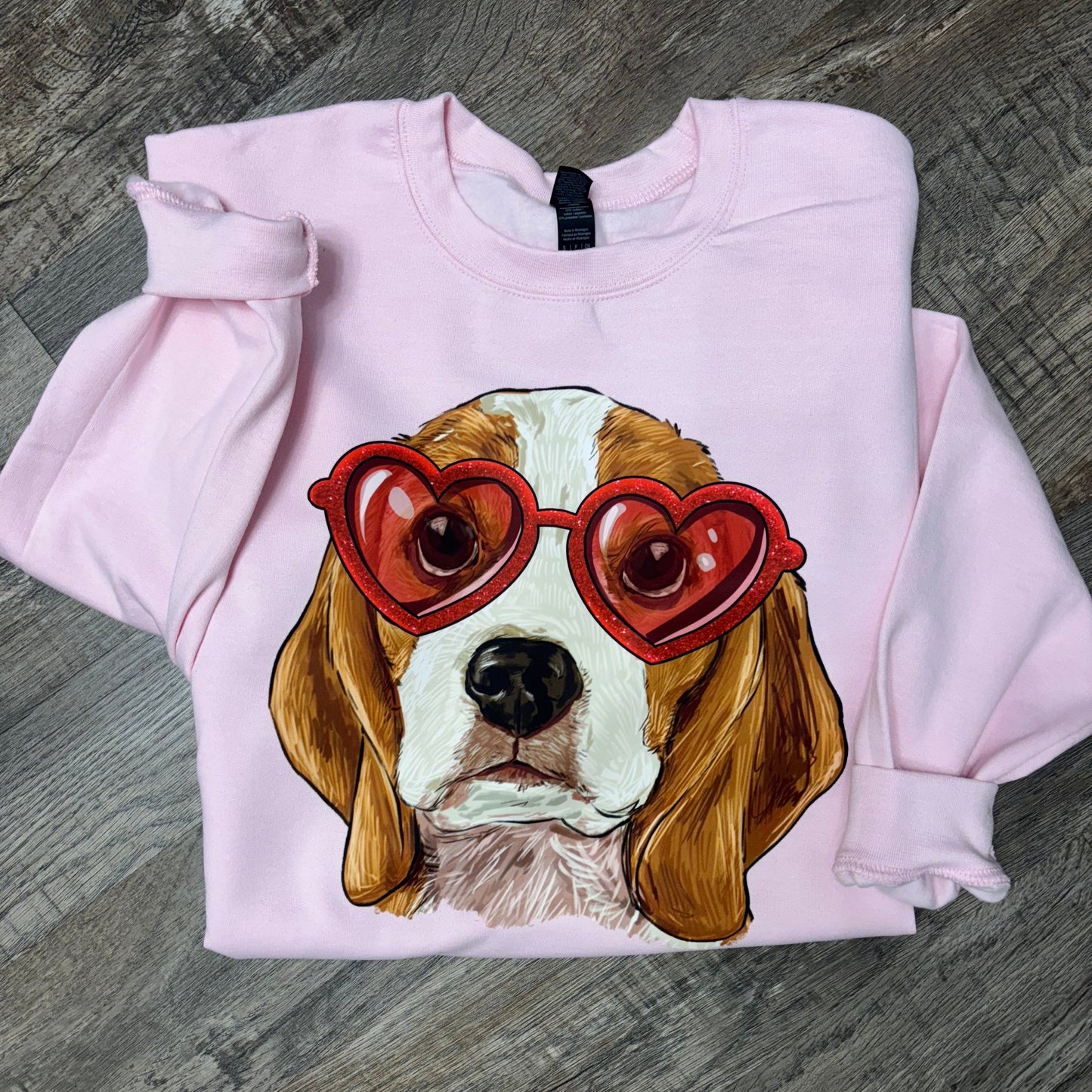 Valentine Beagle dog wearing heart shaped glasses