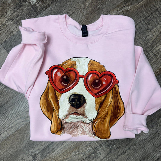 Valentine Beagle dog wearing heart shaped glasses