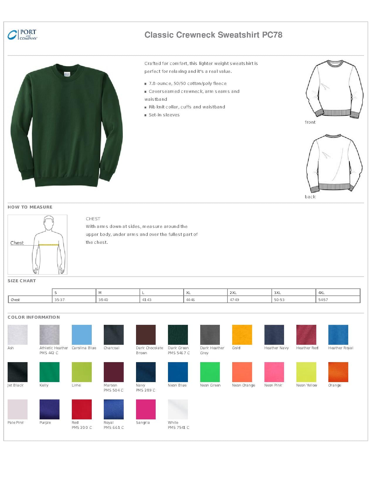Size and color chart for PC78 sweatshirts