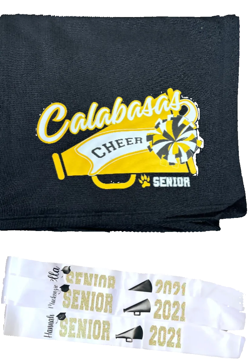 Senior night cheer blanket and matching cheer sashes for a senior night combo gift