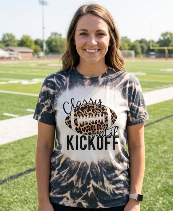 Classy until kickoff leopard football hand bleached tee