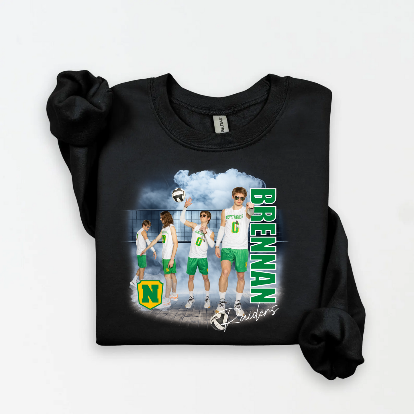 Senior Volleyball photo mom sweatshirt.  Personalized with 3-4 player images, players name, last night, school mascot and logo or players number