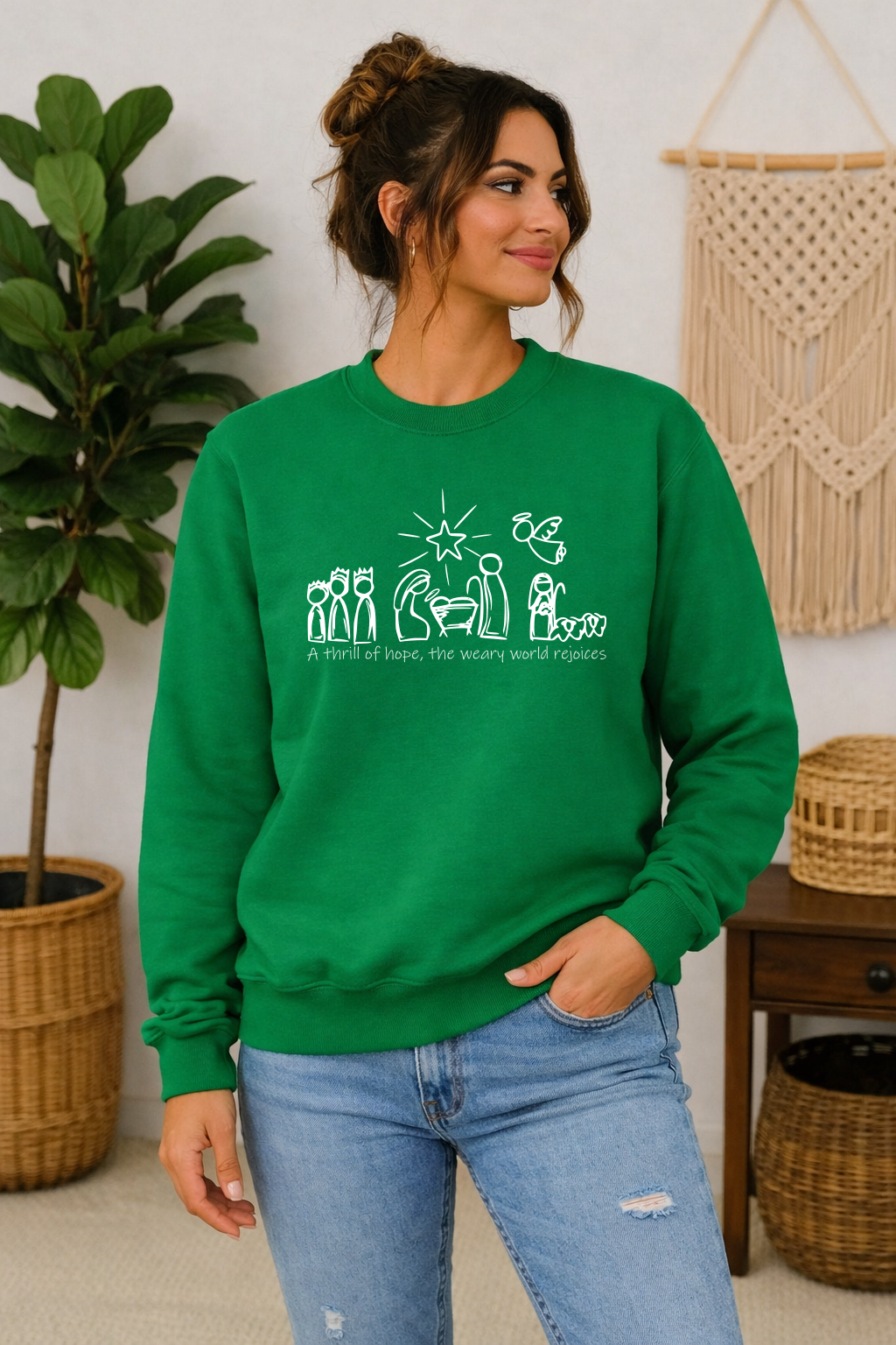 A thrill of hope, a weary world rejoices Christmas sweatshirt.  Oh Holy Night