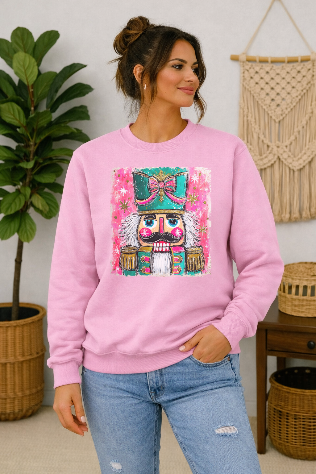 Pink preppy nutcracker Christmas crewneck