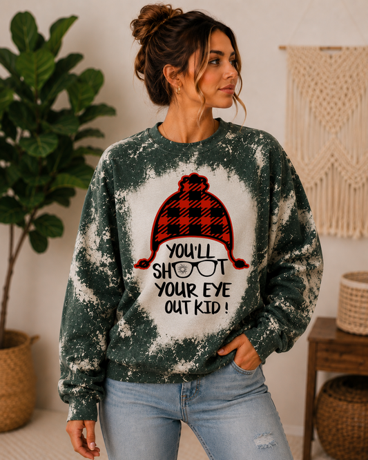 Plaid hat you'll shoot your eye out on a green bleached crewneck sweatshirt
