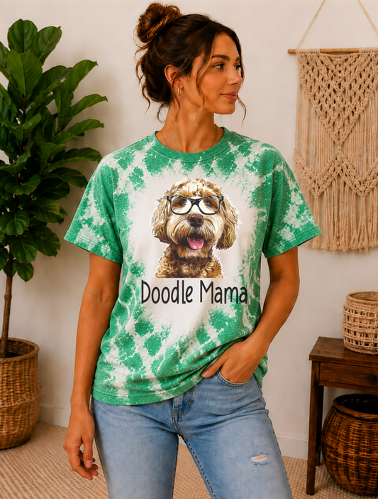 Green handmade bleached tee, doodle dog and tagline is Doodle Mama, customized to fit other names