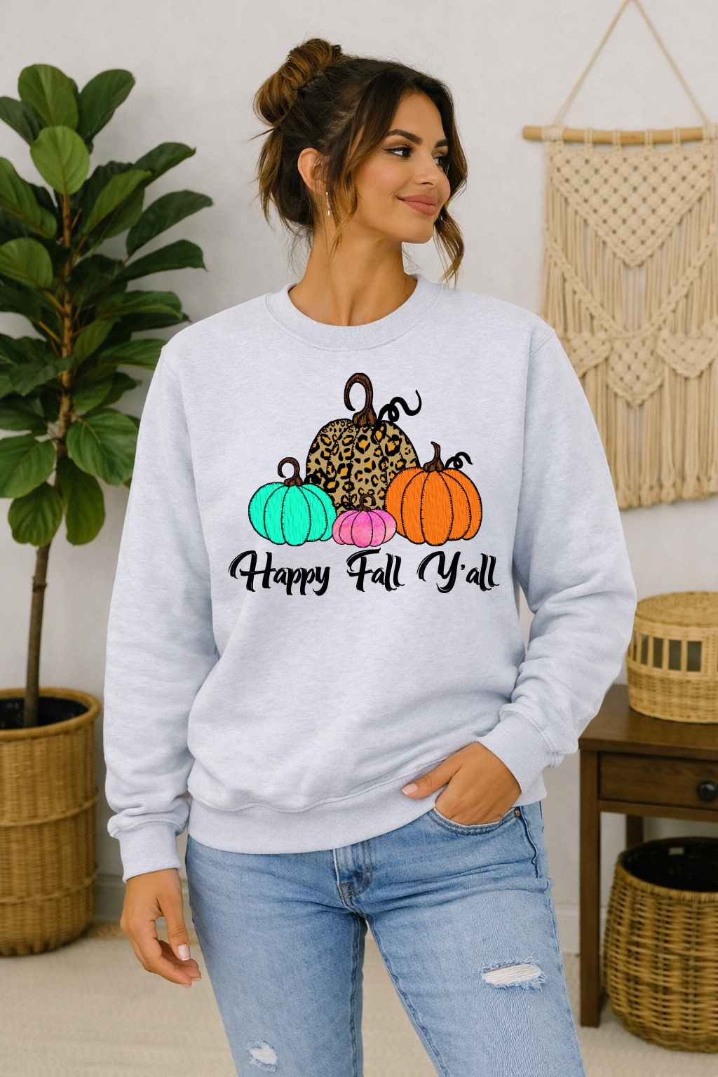 happy fall yall cute pumpkin sweatshirt, leopard pumpkin, teal, pink and orange pumpkins