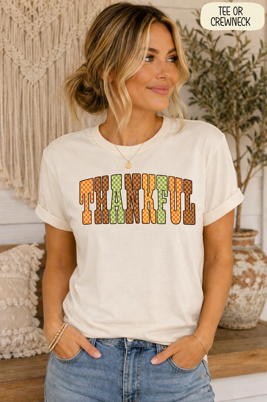 Checkered Fall Thankful Tee or Crewneck Sweatshirt - Liv's Boutique