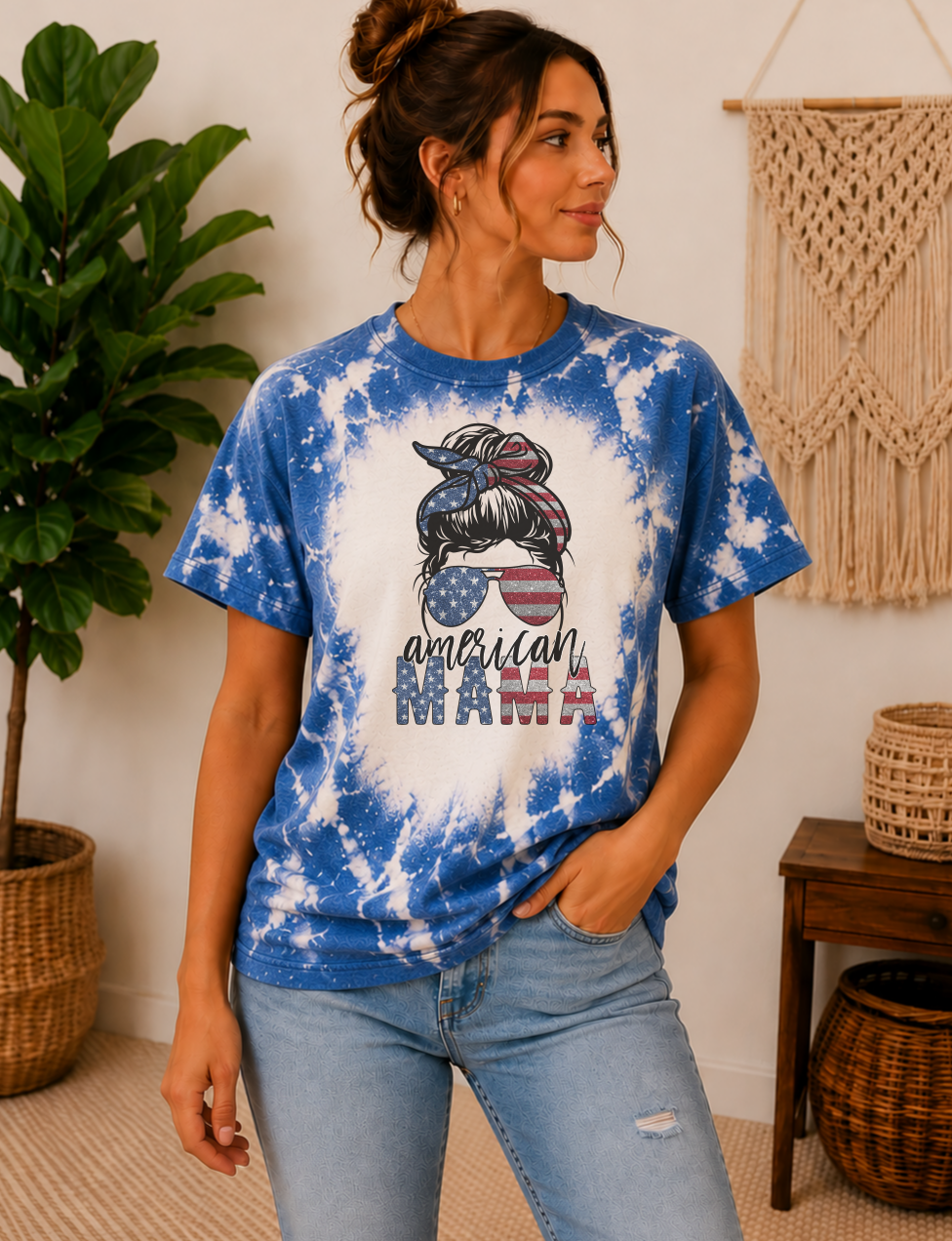 July 4th blue bleached American Mama messy bun shirt