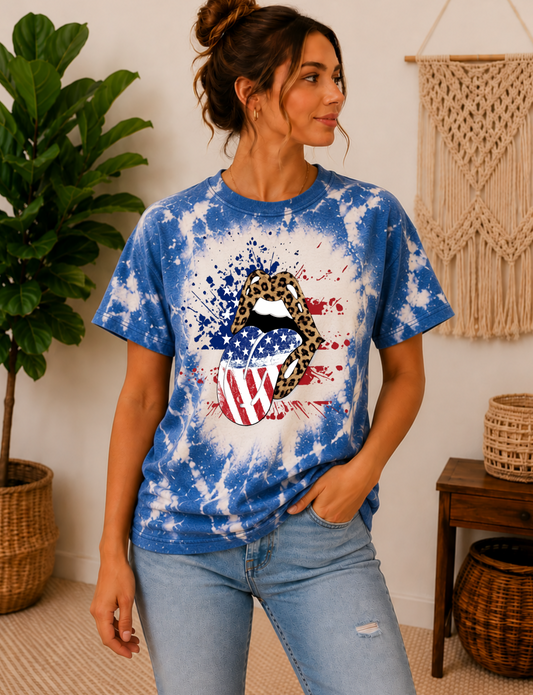 blue bleached 4th of July womens shirt.  Leopard lips and American flag patriotic tongue