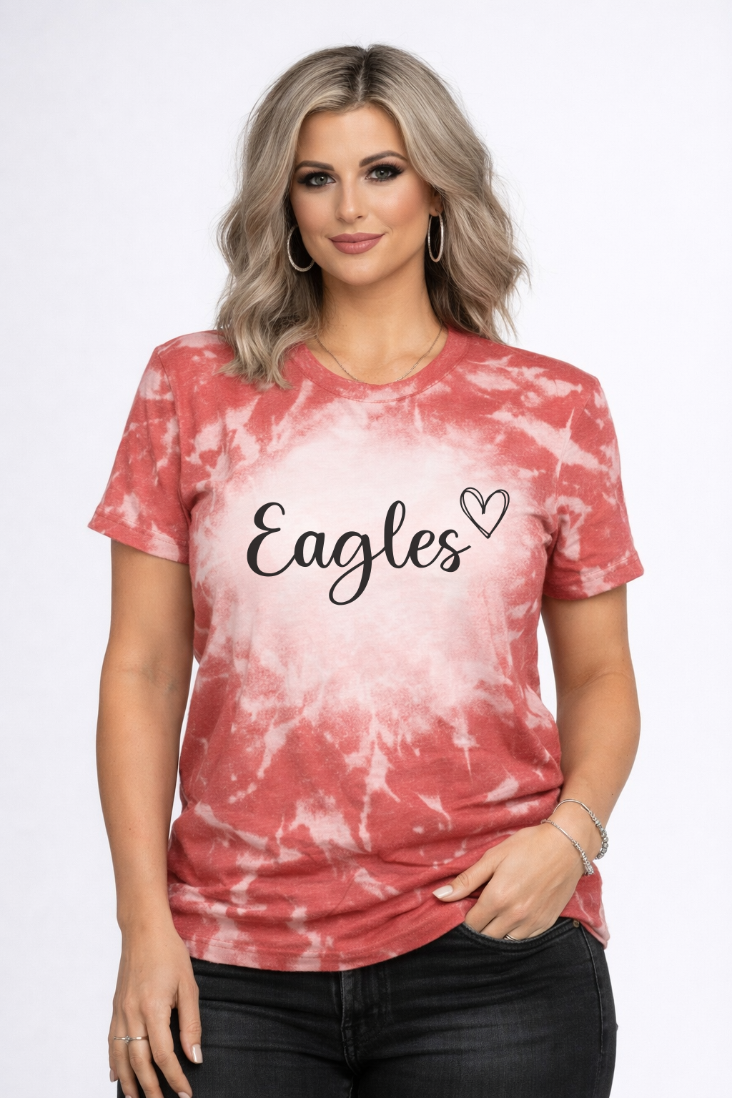 Custom school bleached tee.  Eagles on a red bleached tee.  Spirit Tee
