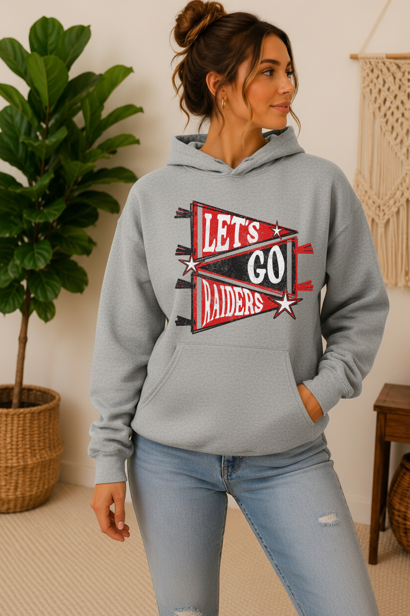 lets go raiders pennant grey crewneck hoodie, custom team name and colors
