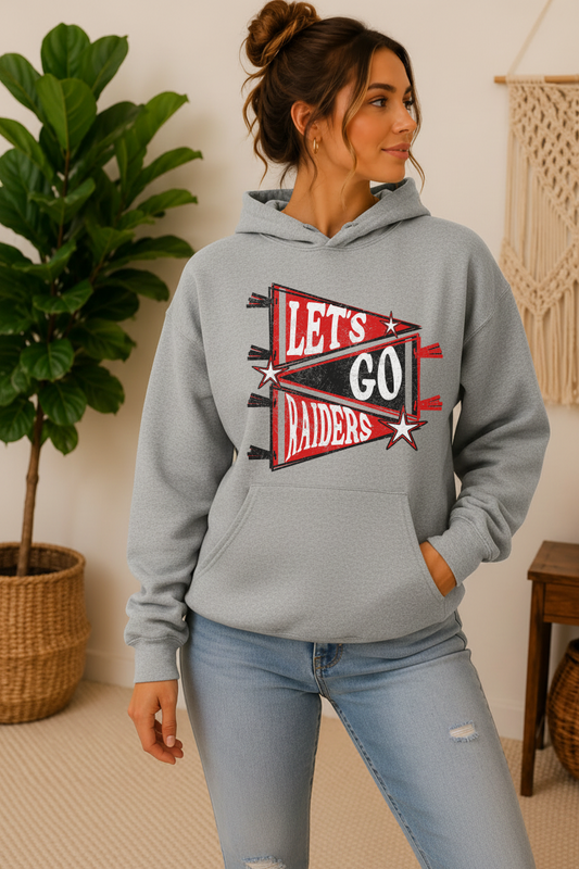 lets go raiders pennant grey crewneck hoodie, custom team name and colors