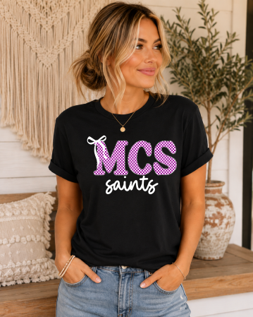 Custom Checkered Mascot Name with Bow & School Name | Crewneck or Tee - Liv's Boutique