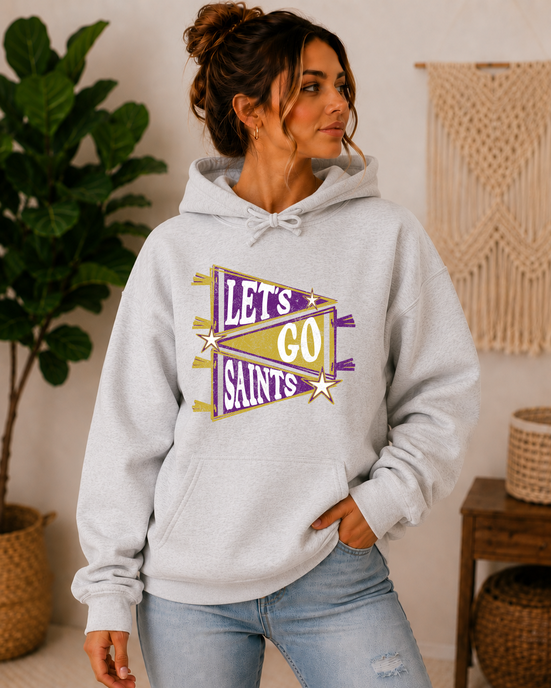 Lets go Saints purple and gold pennant hoodie