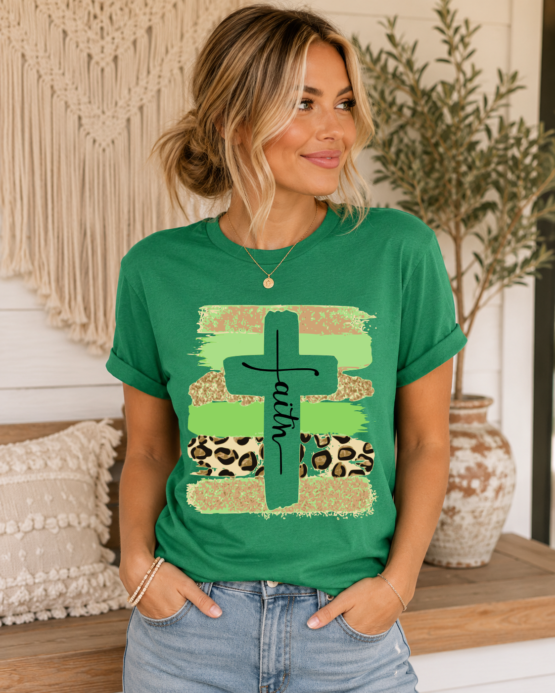 Green faith cross brush strokes graphic tee for women