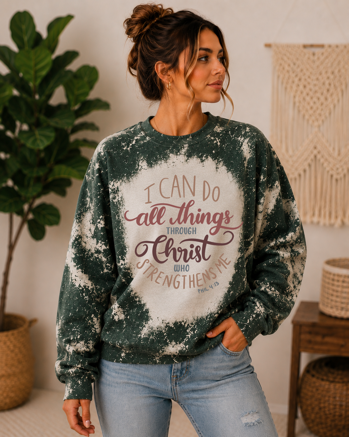 dk green bleached I can do all things through Christ, graphic sweatshirt