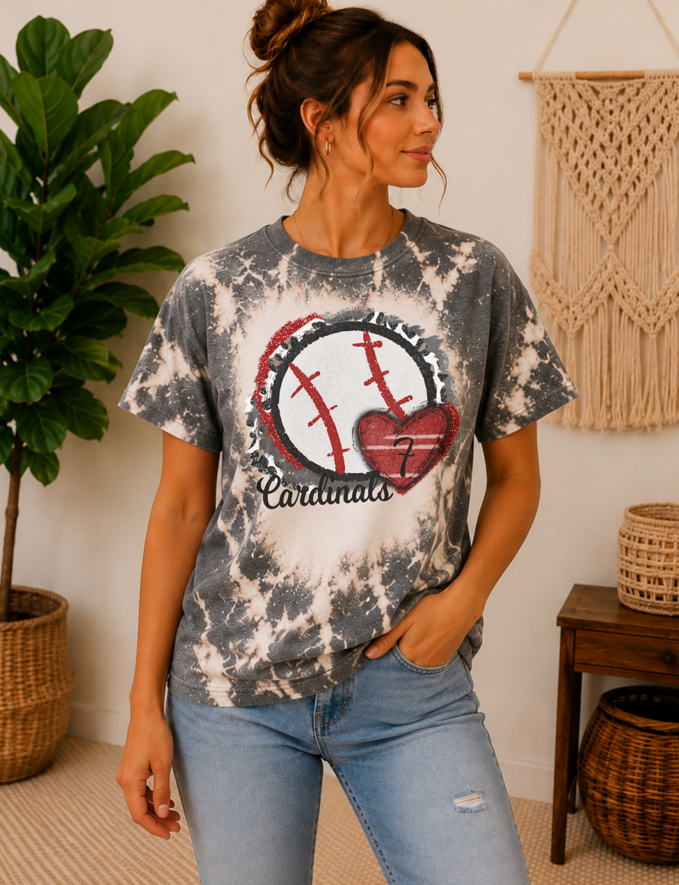 dark heather grey bleached baseball mom shirt with round distressed ball and heart.  Custom team name and players number in the heart
