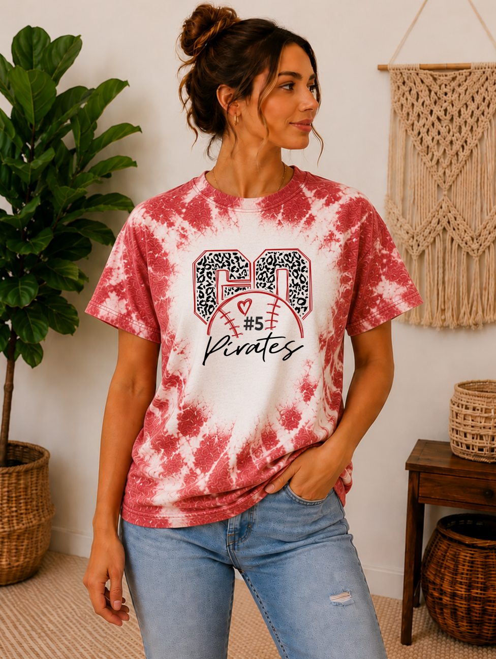 Go leopard baseball mom red bleached tee.  Custom team name and add players number