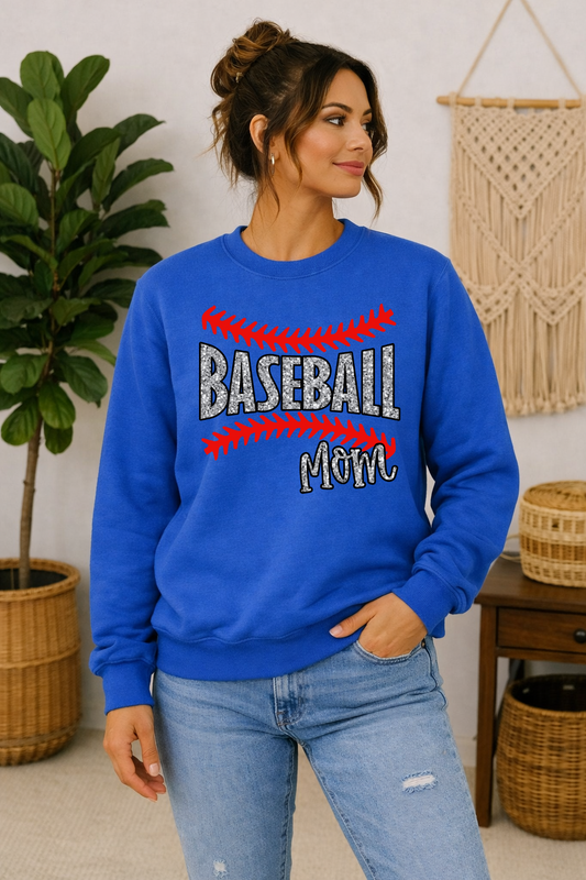 Baseball mom crewneck sweatshirt with a glitter effect in the text and red stitches