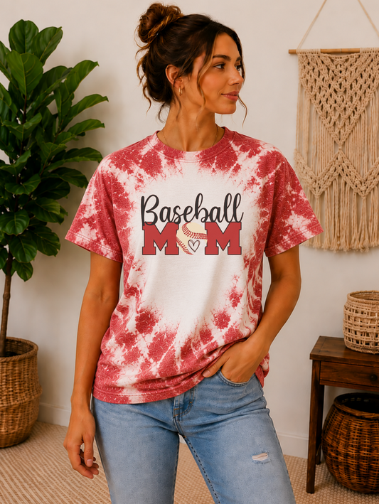 Red bleached baseball mom shirt with the baseball being the O in Mom with a heart