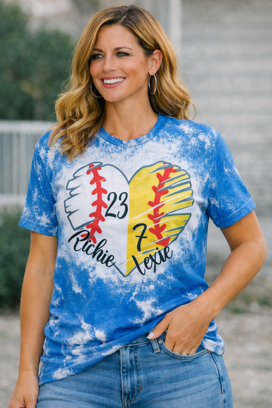 Mom of Both baseball and softball distressed heart with players name and number on a bleached shirt
