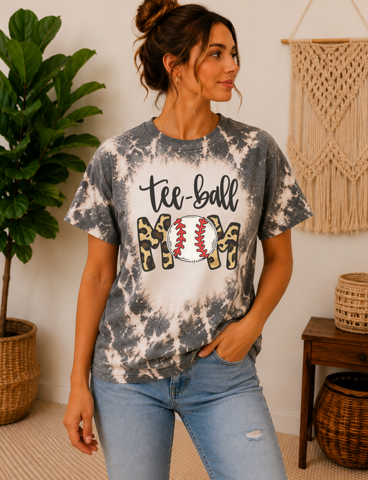 grey bleached tee ball mom shirt, letters in leopard print and a baseball
