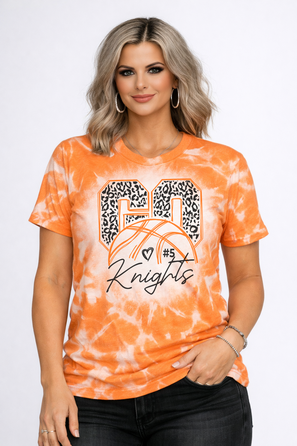 Bleached basketball mom shirt.  Leopard Go, team name, heart and players number