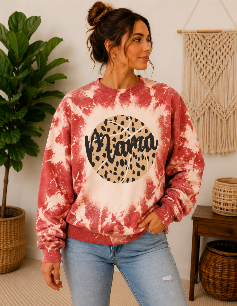 red bleached leopard basketball mama crewneck sweatshirt