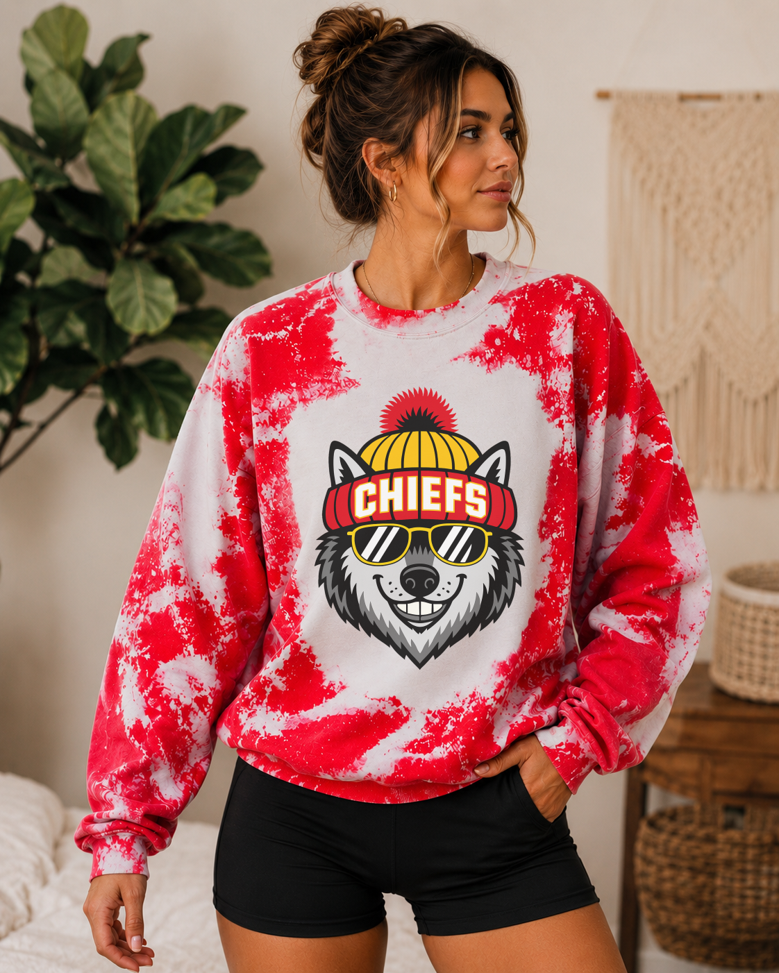 Chiefs spirit animal on a red bleached crewneck sweatshirt