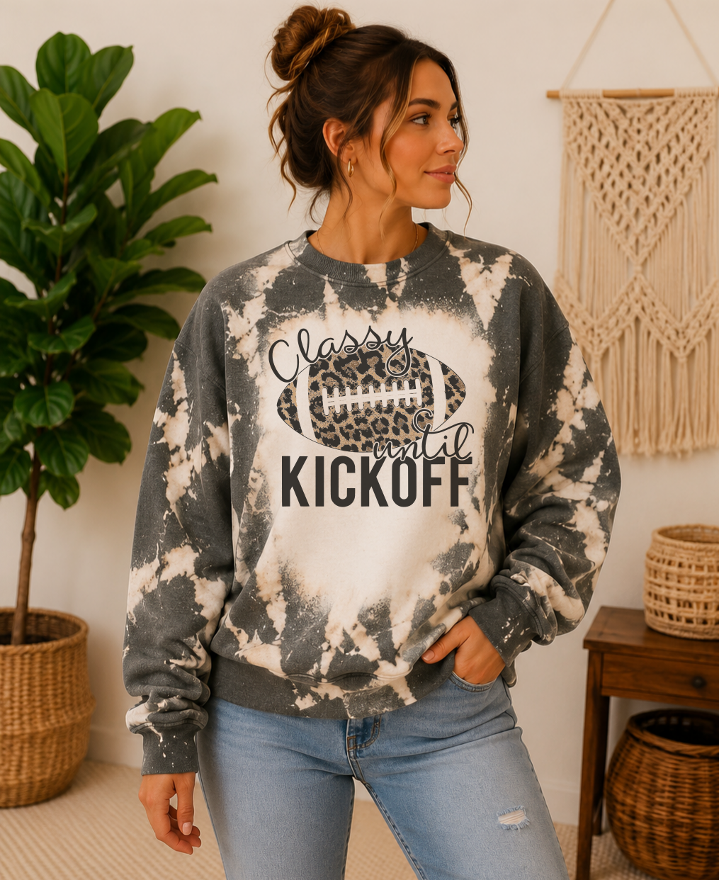 Classy until kickoff bleached dark heather grey crewneck.  Leopard print football sweatshirt