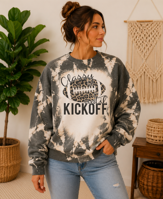 Classy until kickoff bleached dark heather grey crewneck.  Leopard print football sweatshirt