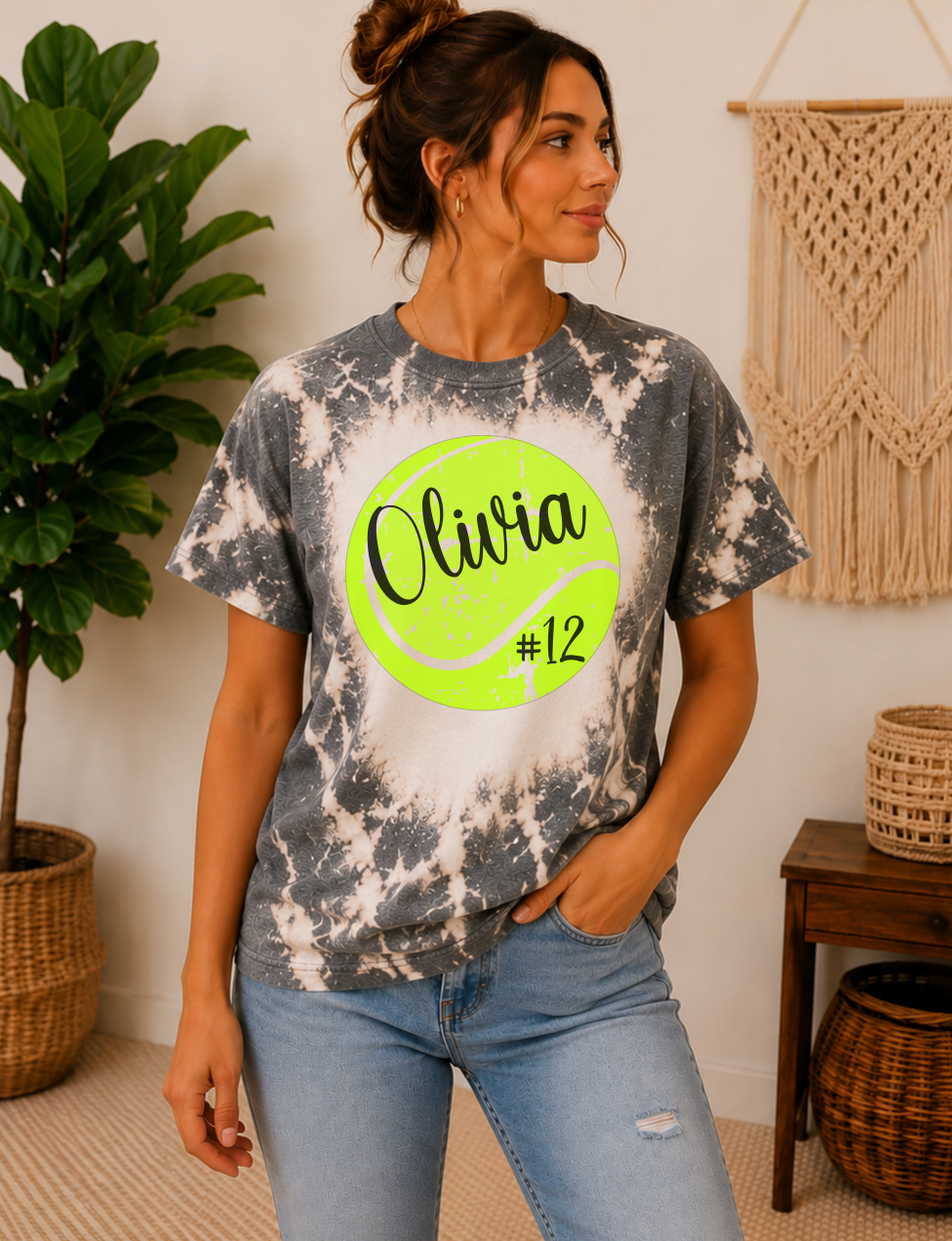 dark grey bleached tennis mom shirt with players name and number