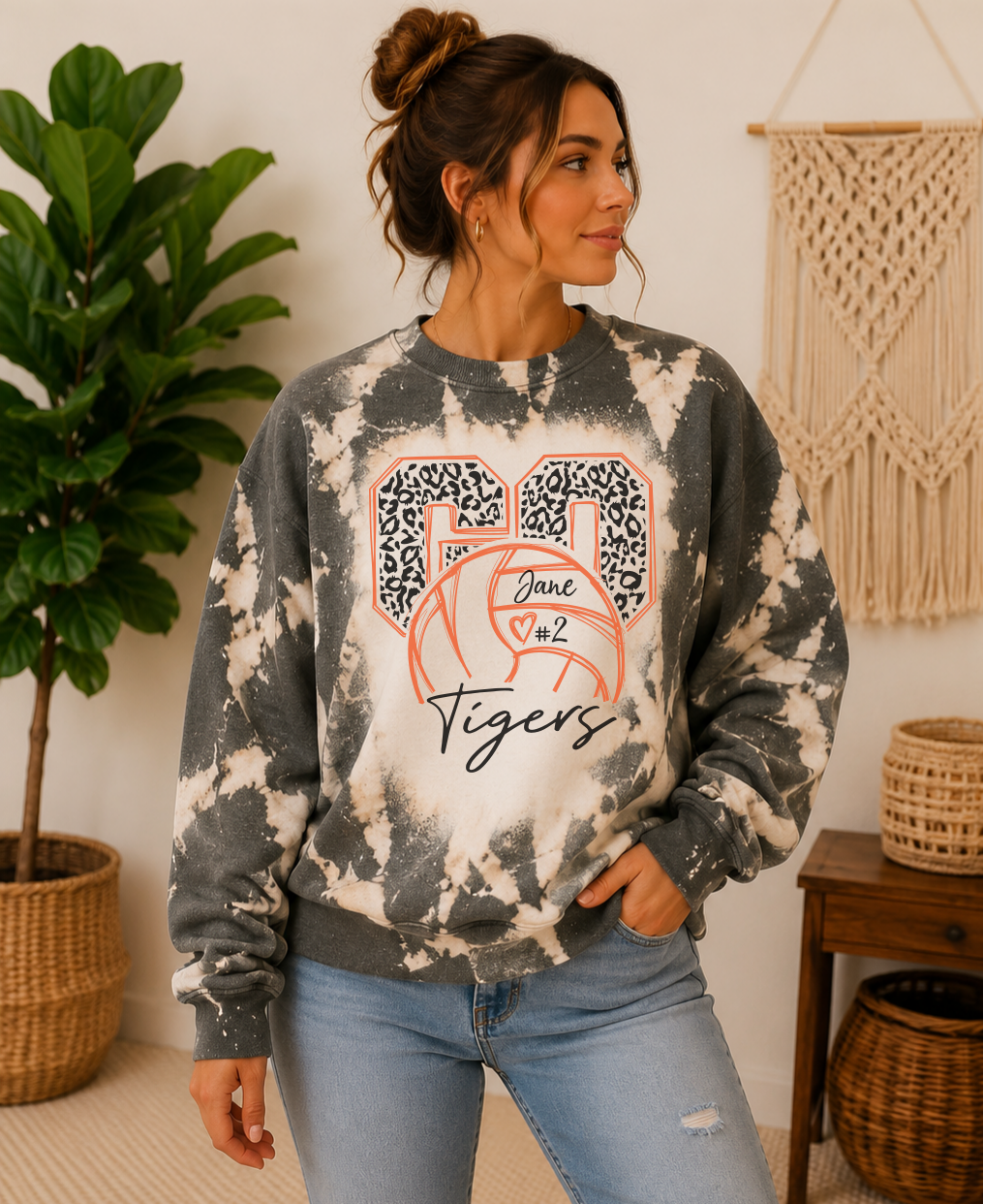 Bleached volleyball mom sweatshirt.  Go team name and players name and number along with personalized school colors