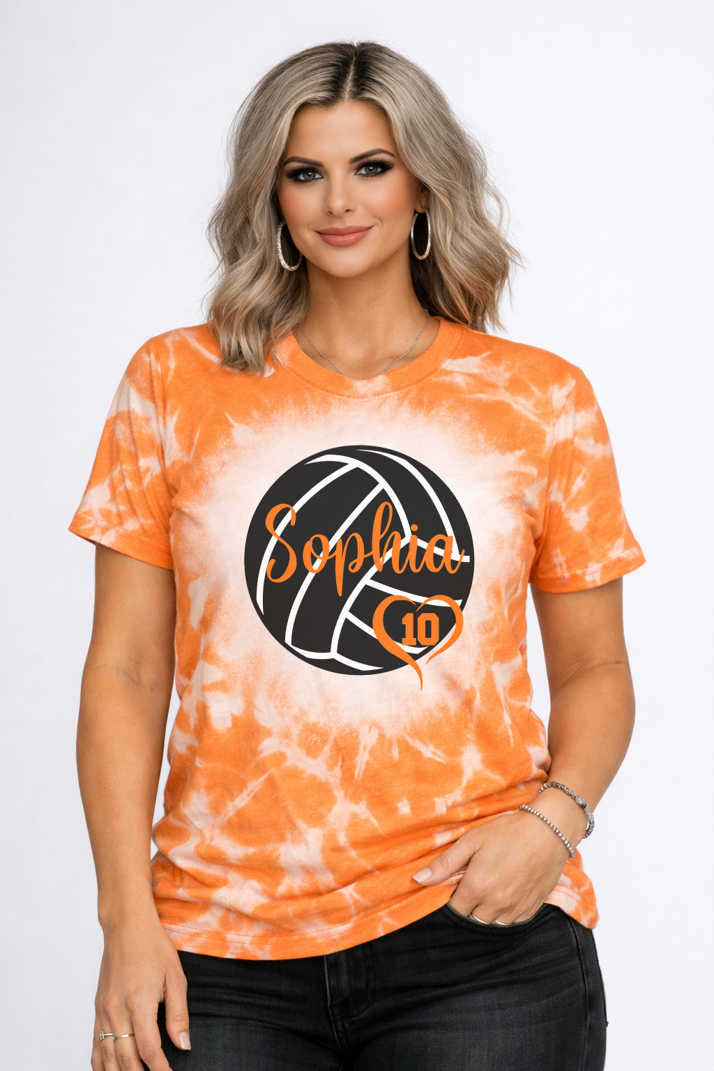 orange bleached volleyball mom with players name and number in a heart