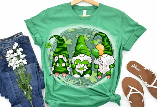 St. Patrick's Day Gnomes on a green tee