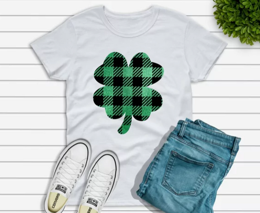 Green plaid St. Patrick's Day T-shirt with shamrock graphic, casual buffalo plaid shamrock tee from Liv's Boutique.