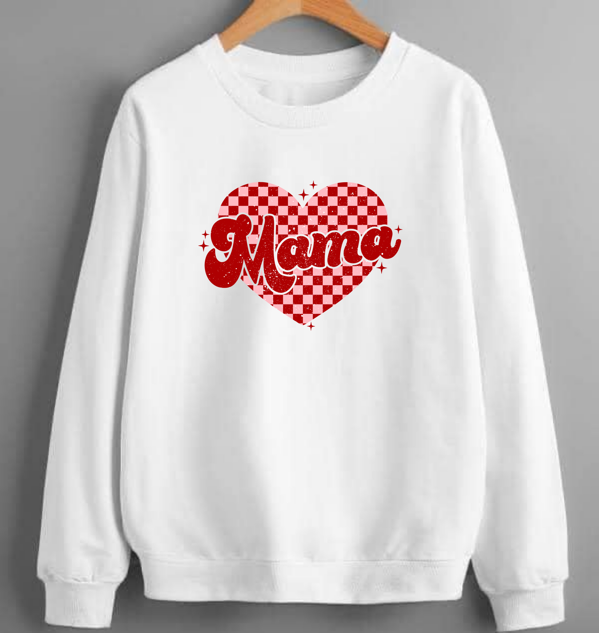 Mama Valentine Retro Graphic on a white crewneck sweatshirt
