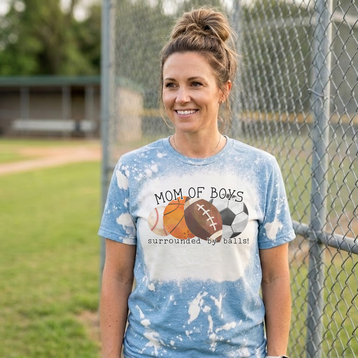 mom of boys surrounded by ball bleached tee