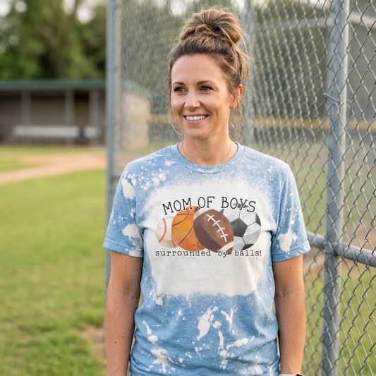 mom of boys surrounded by ball bleached tee
