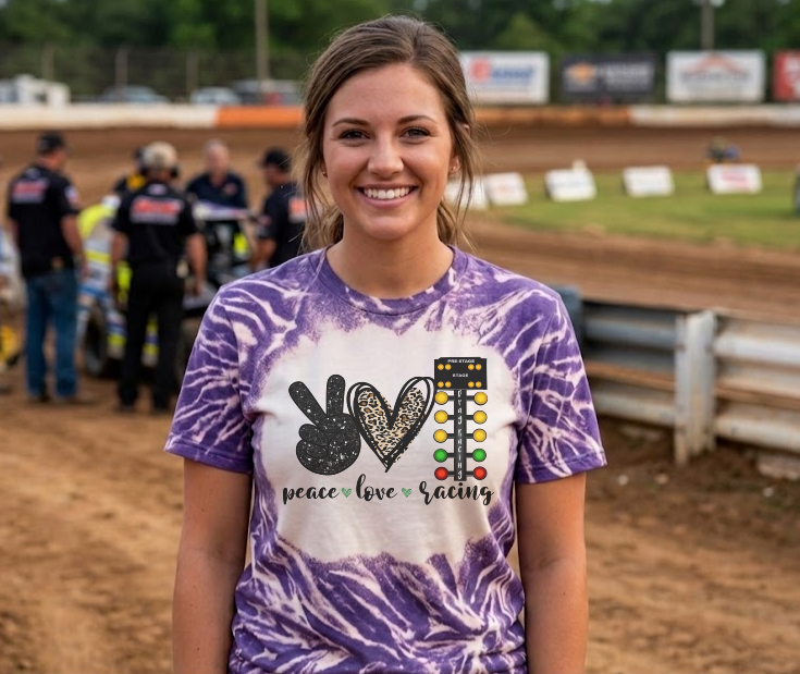 peace love racing purple bleached tee - drag racing shirt