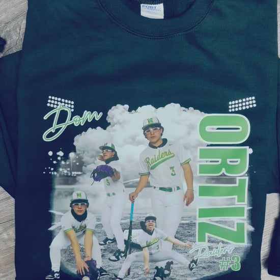 Senior photos baseball mom sweatshirt.  Includes players name, last name, number and school mascot name.  3-4 player images