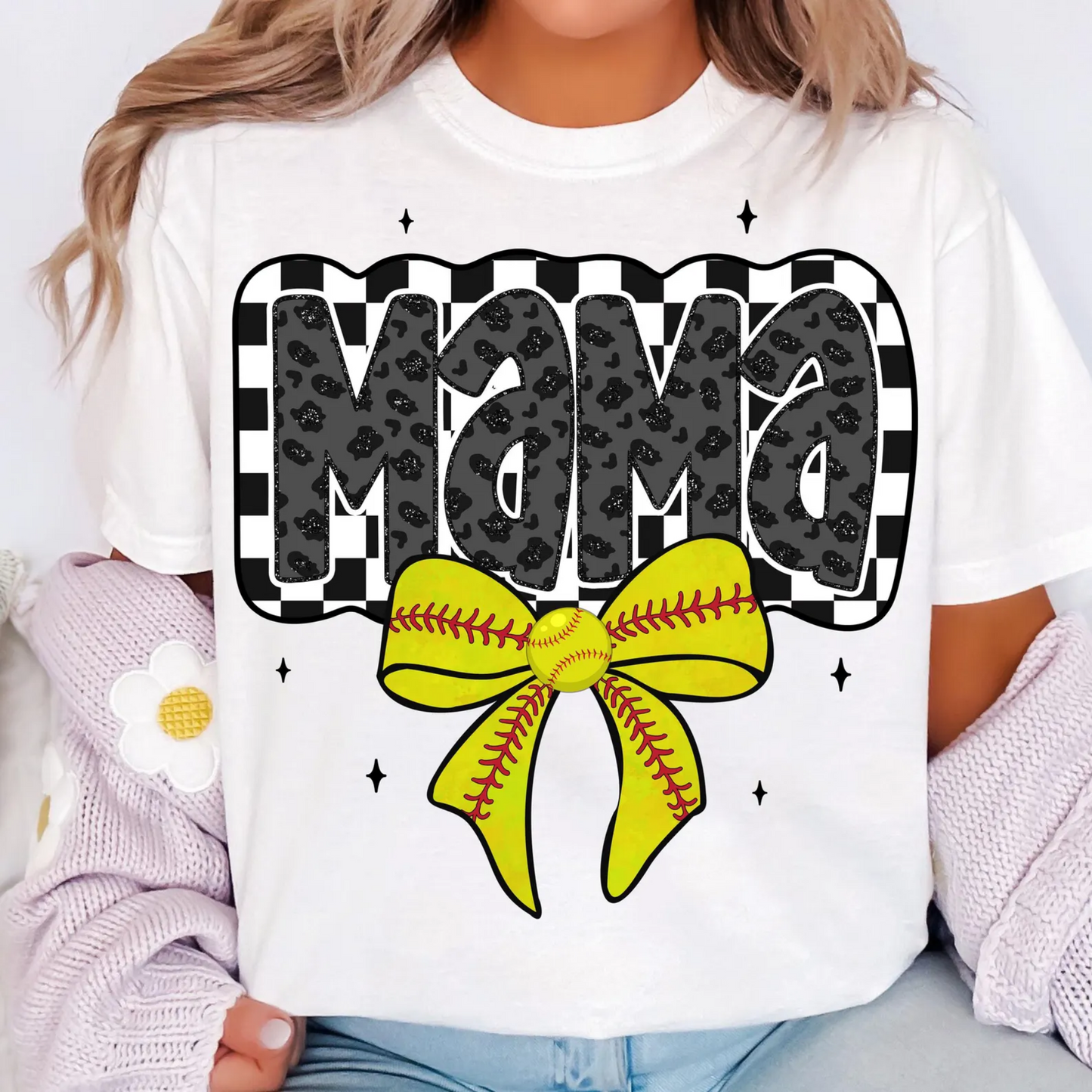 Retro Checker Softball Mama, Softball Coquette Bow Game Day Shirt