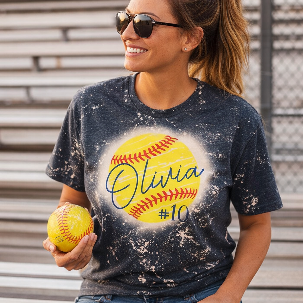 custom bleached softball mom shirt with players name and number