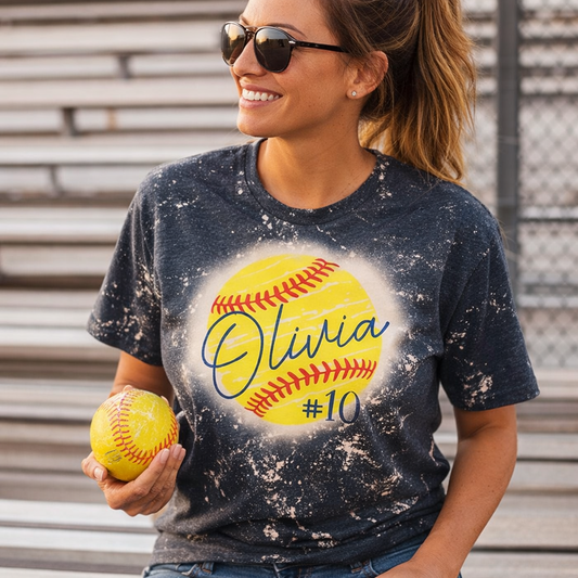 custom bleached softball mom shirt with players name and number